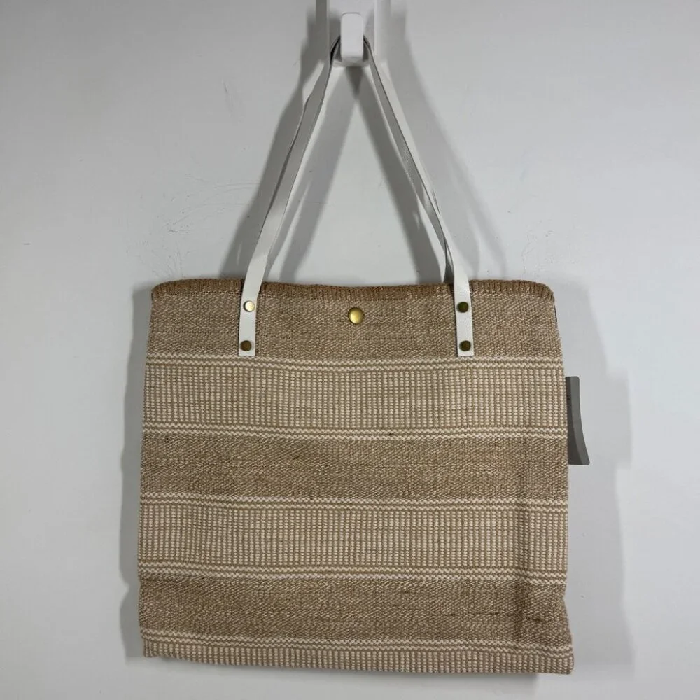 Summer Boho Woven Straw Raffia Bag Stylish Tan and White Tote Bag Stripe Beach - Picture 2 of 15